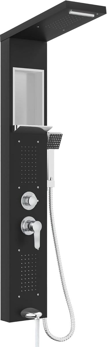 NAIZY Douchepaneel, douchesysteem, roestvrij staal, douchezuil, 5 functies, regendouche, watervaldouche, massagejets, badinloop, douchearmatuur, complete set, zwart