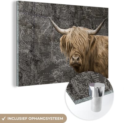 ® Glasschilderij 120x80 cm - Schilderij acrylglas - Schotse hooglander - Wereldkaart - Koe - Foto op glas - Muurdecoratie woonkamer - Wanddecoratie slaapkamer - Schilderijen