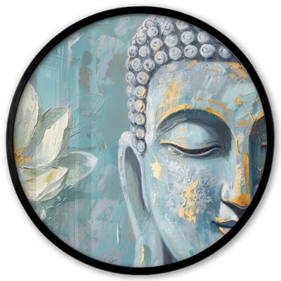 Poster in lijst Rond - Fotolijst 40x40 cm - Posters - Boeddha - Bloem - Lotus - Goud - Blauw - Ronde posterlijst zwart - Decoratie - Wanddecoratie woonkamer - Muurdecoratie slaapkamer