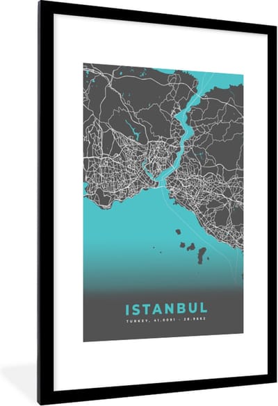 Fotolijst incl. Poster - Istanbul - Blauw - Kaart - Stadskaart - Plattegrond - 80x120 cm - Posterlijst