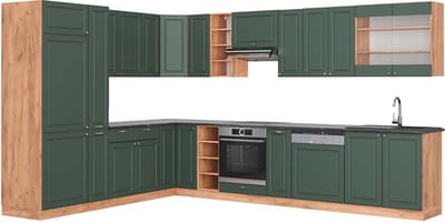 Vicco Hoekkeuken Fame-Line, Groen-Goud Landhuis/Goudkleurig Eiken, 347 x 257 cm, WB Antraciet