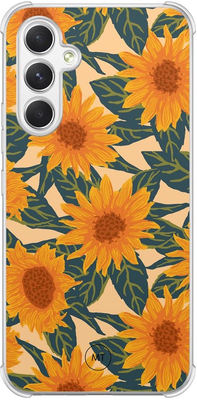 Hoesje (shockproof) geschikt voor Samsung Galaxy A54 - Zonnebloemen - Extra sterke case - TPU/polycarbonaat - Bloemen - Oranje, Transparant