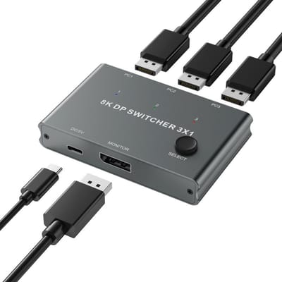 DisplayPort Switch 3 in 1 out - 8K 30Hz - 4K - Dolby - DTS - voor PC en Monitor - adapter hub - zwart