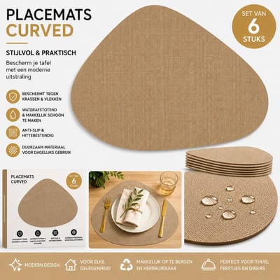 Wicotex - Placemats Zak curved Zand per 6 stuks - Placemats Taupe - Placemats antislip - Placemats afmeting 34x42cm