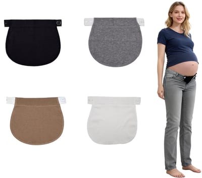 longziming -4-delige Set Zwangerschap Broekverlengers – Elastische Knoopverlenging en Afdekkingspaneel in Wit, Zwart, Khaki en Grijs voor Comfort en Flexibele Pasvorm