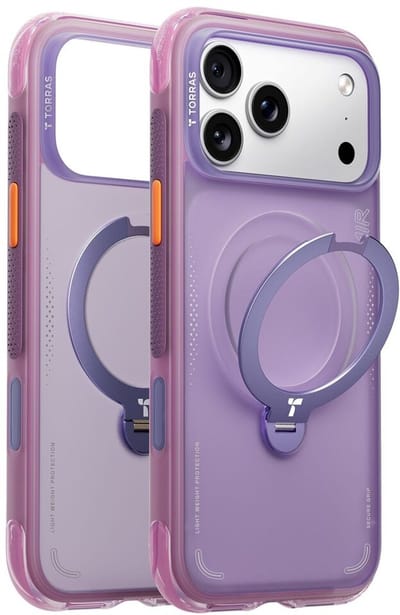TORRAS Hoesje Geschikt voor Apple iPhone 17 Pro - Ostand Q3 Air Spin - Compatibel met MagSafe / Qi2 - Back Cover met Magneet - 360° Draaibare Ring Standaard - Paars