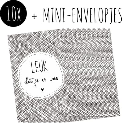 10x Minikaartjes + Mini-envelopjes | LEUK DAT JE ER WAS | kleine kaartjes met kraft enveloppen