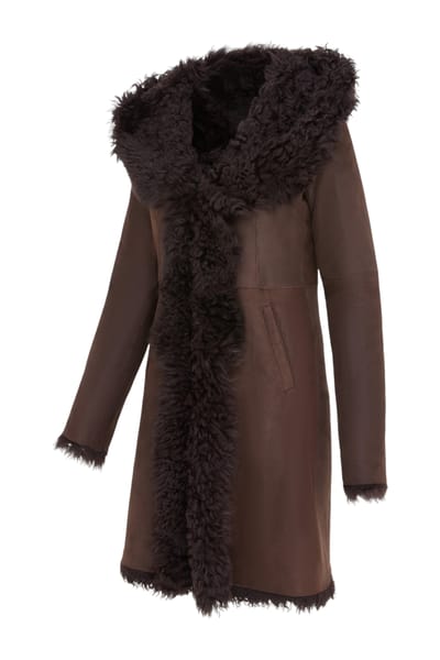 Dames bruine Toscaanse schapenvacht leren trenchcoat met capuchon - Coast