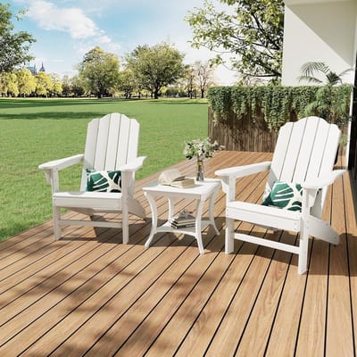 Wit HDPE Adirondack-stoel, set van 2, tuinstoel met houtstructuur, weerbestendige terrasstoel met hoge rugleuning, duurzaam loungemeubilair voor de tuin, achtertuin, terras en bij het zwembad