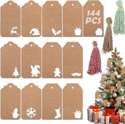 Solidchoice - 144 Stuks Kerst Kraft Papieren Gift Tags voor Cadeauverpakking