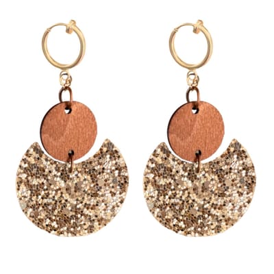 Klem oorbellen - Goud glitter bruin - hout- geen gaatje- Charme Bijoux
