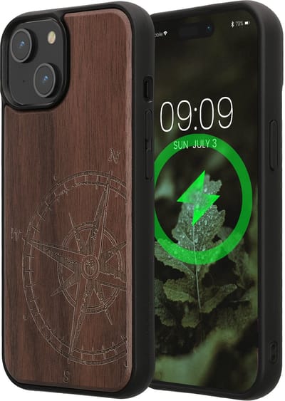 kwmobile Echt Houten Beschermhoes voor Apple iPhone 15 – Hout & TPU Cover – hout Vintage Kompas design