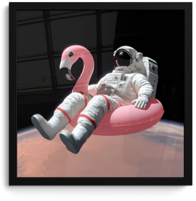 Poster in lijst - Fotolijst 40x40 cm - Posters - Astronaut - Flamingo - Zwemband - Roze - Posterlijst zwart - Decoratie - Wanddecoratie woonkamer - Muurdecoratie slaapkamer