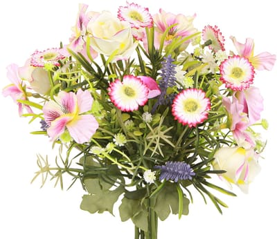 Kunstbloemenboeket, crème, roze, paars, groen, elegante tafeldecoratie
