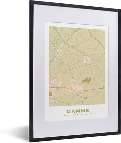 Fotolijst incl. Poster - Damme - Kaart - Vintage - Stadskaart - Plattegrond - 30x40 cm - Posterlijst