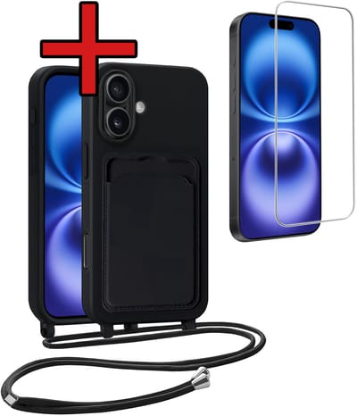 Hoesje Geschikt voor iPhone 16 Plus Hoesje Met Telefoonkoord en Pasjeshouder Met Screenprotector Siliconen - Hoes Geschikt voor iPhone 16 Plus Hoesje Met Kaarthouder Case - Zwart