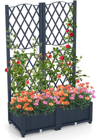COSTWAY Bloembak met Klimrek, Plantenbak voor Klimplanten, Plantenpot met Privacyscherm, Verhoogd Bed met Leiboom- en Zelfwateringssysteem, Bloempot voor Tuin, erf, Balkon, Grijs (80 x 40 x 122 cm)