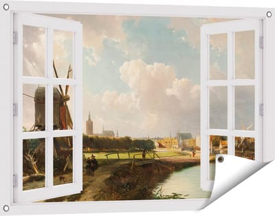 Gards Tuinposter Doorkijk Gezicht op Den Haag vanaf de Delftse Vaart in de Zeventiende Eeuw - Cornelis Springer - 90x60 cm - Tuindoek - Tuindecoratie - Wanddecoratie buiten - Tuinschilderij