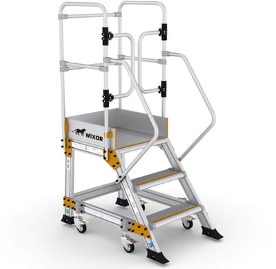 Verrijdbare bordestrap 3 treden | Veerwielen | Zelfsluitende deuren | Werkplatform | Industrieel platform | Zwaar professioneel gebruik | EN 131-7 | TÜV-gecertificeerd | 75cm platformhoogte | 2,75 meter werkhoogte