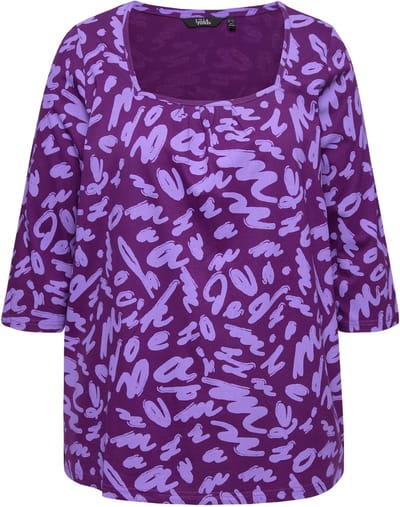 Ulla Popken - Dames - Shirt A-lijn sierplooien carréhals 3/4-mouwen - Paars - Maat 42+