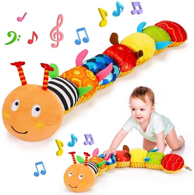 Baby zintuiglijk rups speelgoed – muzikaal dier gevuld pluchen speelgoed - geschikt voor 0-3-6-12 maanden - tummy time speelgoed met gekreukel en rammelaar – cadeau voor verjaardag of babyshower – oranje