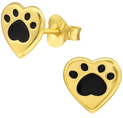 Joy|S - Zilveren kat hond dierenpoot hartje oorbellen - 8 x 7 mm - hartje oorknoppen - poot afdruk - gold plating - goudkleur met zwart