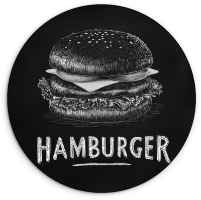 WallCircle® Wandcirkel 120x120 cm - Muurcirkel Hamburger - Krijttekst - Zwart - Wit - Muurdecoratie woonkamer - Wanddecoratie slaapkamer - Kamer decoratie accessoires - Ronde schilderijen XXL