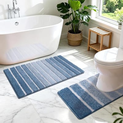 Blauwe Badkamer Mat Set van 2 Stukken - Antislip, Absorberend en Machinewasbaar - Zachte Toiletmatten voor Badkamer en Toilet, 45x65+50x60cm