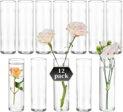 Famanu - Cilindervormige Glazen Vaas voor Tafelversiering: Set van 12 Kleine Vazen voor Bruiloftstafelversieringen Feesttafelversieringen en Woondecoratie – Moderne Doorzichtige Vaas voor Bloemen