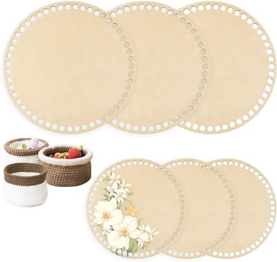 Set van 6 Houten Bodems voor Mandjes, 15/20 cm, Ideaal voor Haken en DIY Handtassen, Natuurlijk Hout met Gaten