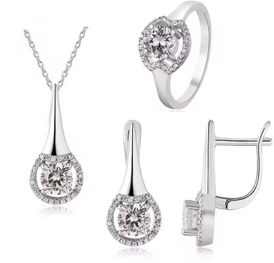 Zilveren dames sieradenset Zirkonia halo design - luxe set– Ringmaat 17