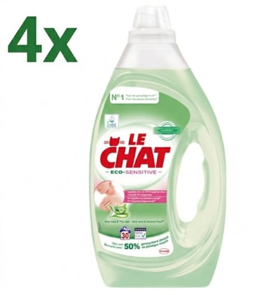 (4x) Le Chat Eco-Sensitive - Vloeibaar Wasmiddel - Witte en Gekleurde Was - Aloë Vera & Groene Thee - 30 Wasbeurten