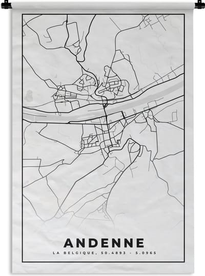 Wandkleed - Wanddoek - Zwart Wit – België – Plattegrond – Stadskaart – Kaart – Andenne - 120x180 cm - Wandtapijt