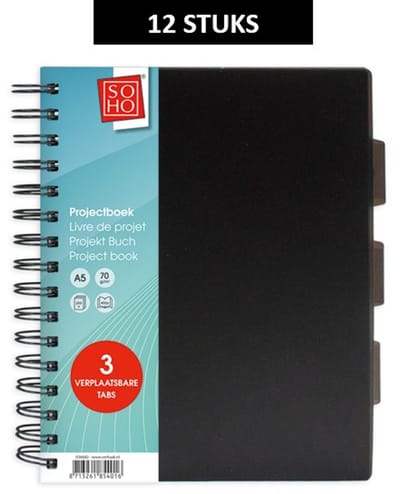 SOHO Projectboek – Collegeblok – Lijntjespapier – 3 verplaatsbare tabs – 200 vellen – A5 – Zwart - 12 Stuks