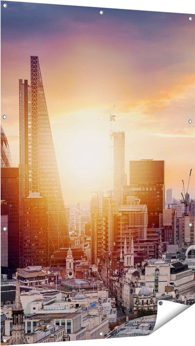 Gards Tuinposter Londen Stad bij Zonsopgang - 100x150 cm - Tuindoek - Tuindecoratie - Wanddecoratie buiten - Tuinschilderij