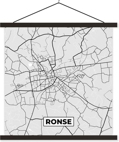 Posterhanger incl. Poster 60x60 cm - Schoolplaat - Zwart Wit – België – Plattegrond – Stadskaart – Kaart – Ronse - Textielposter - Zwarte latten - Stadskaart