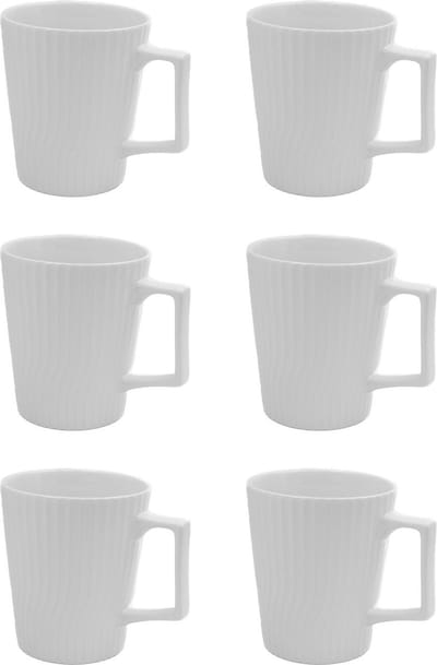 Intirilife 6x Koffiekop in Wit een inhoud van 400 ml - 12.5 x 7.1 / 9.4 x 10.5 cm - Theekopje met geribbeld patroon, mok met handvat, drinkbeker voor koffie, thee, melk, cacao en nog veel meer