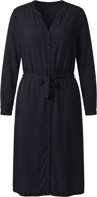 MIAMODA - Dames - Midi-jurk A-lijn strikceintuur knoopsluiting lange mouw - Zwart - Maat 42