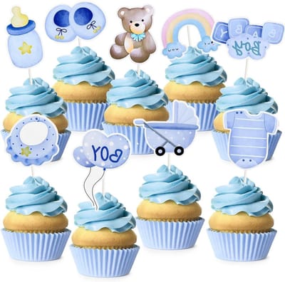 36 stuks fopspeen, regenboog ballon, slabbetje cupcake en taarttoppers voor babyshower jongen verjaardagsfeest (blauw)