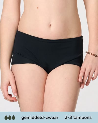 Moodies menstruatie zwemkleding tiener - Boxer bikini broekje - gemidddeld-zwaar kruisje - maat 140/146 (XXS) - Zwart