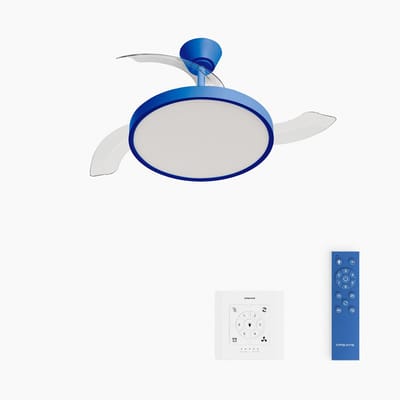 CREATE - Plafondventilator 40W stil met intrekbare bladen met licht - Ø91cm - Kobaltblauw - Controller voor wandmontage + afstandsbediening - WIND CLEAR STUDIO