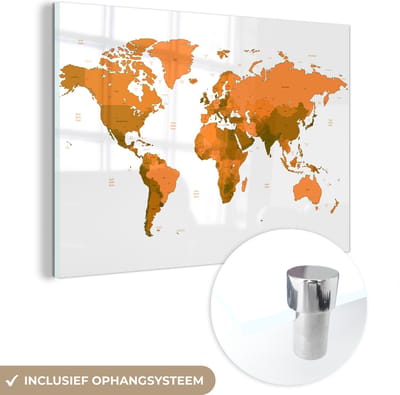® Glasschilderij 120x80 cm - Schilderij acrylglas - Wereldkaart - Oranje - Simpel - Foto op glas - Muurdecoratie woonkamer - Wanddecoratie slaapkamer - Schilderijen