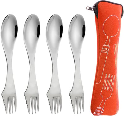 Bestekken en lepels, 1 opbergtas, bestek- en lepelset van roestvrij staal, getand bestek en lepel, draagbaar campingbestek, reis-drie-in-één bestekset