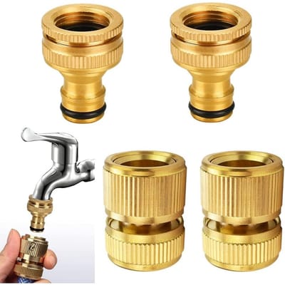 TOVBMUP Snelkoppeling van messing - 1/2" en 3/4" kraanaansluitingen - 1/2" tuinslangaansluiting - Kraanadapter van messing - Snelkoppeling slangaansluitingen - 2 paar