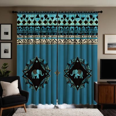 2 stuks HD Thaise ruit olifant decoratief gordijn Blauwe strik digitaal bedrukt gordijn Woondecoratiestijl Decoratie woonkamer W52H63inchW132H160cm gray