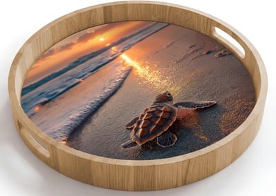 Dienblad rond 40x40 cm - Schootdienblad hout - Schildpad - strand - Zonsondergang - Borrelplank rechthoek - Plateau houten dienbladen