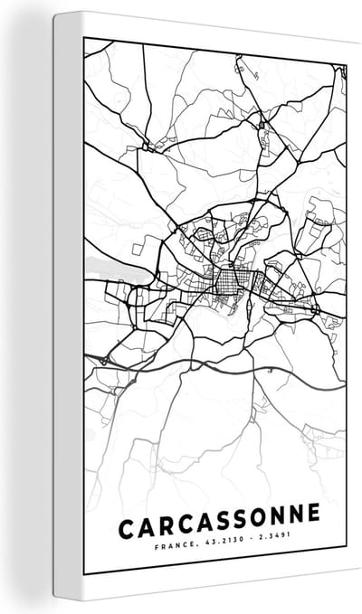 Canvas Schilderij Kaart - Plattegrond - Frankrijk - Stadskaart - Carcassonne - Zwart wit - 20x30 cm - Wanddecoratie