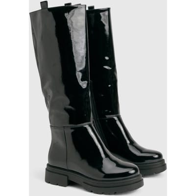 boohoo Dames Wijd passende Crinkle Tab kniehoge laarzen | Black | Maat: 3