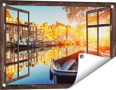 Gards Tuinposter Doorkijk Amsterdamse Brug - Gracht - met Bloemen - 60x40 cm - Tuindoek - Tuindecoratie - Wanddecoratie buiten - Tuinschilderij