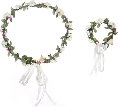 Verstelbare Bloemenkrans voor Bruiloft en Feest - Haaraccessoire met Bijpassende Armband